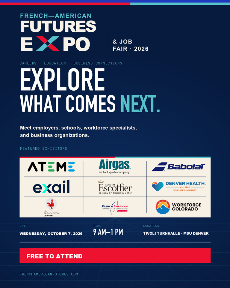 French-American Futures Expo & Job Fair 2026 poster, October 7 at Tivoli Turnhalle in Denver